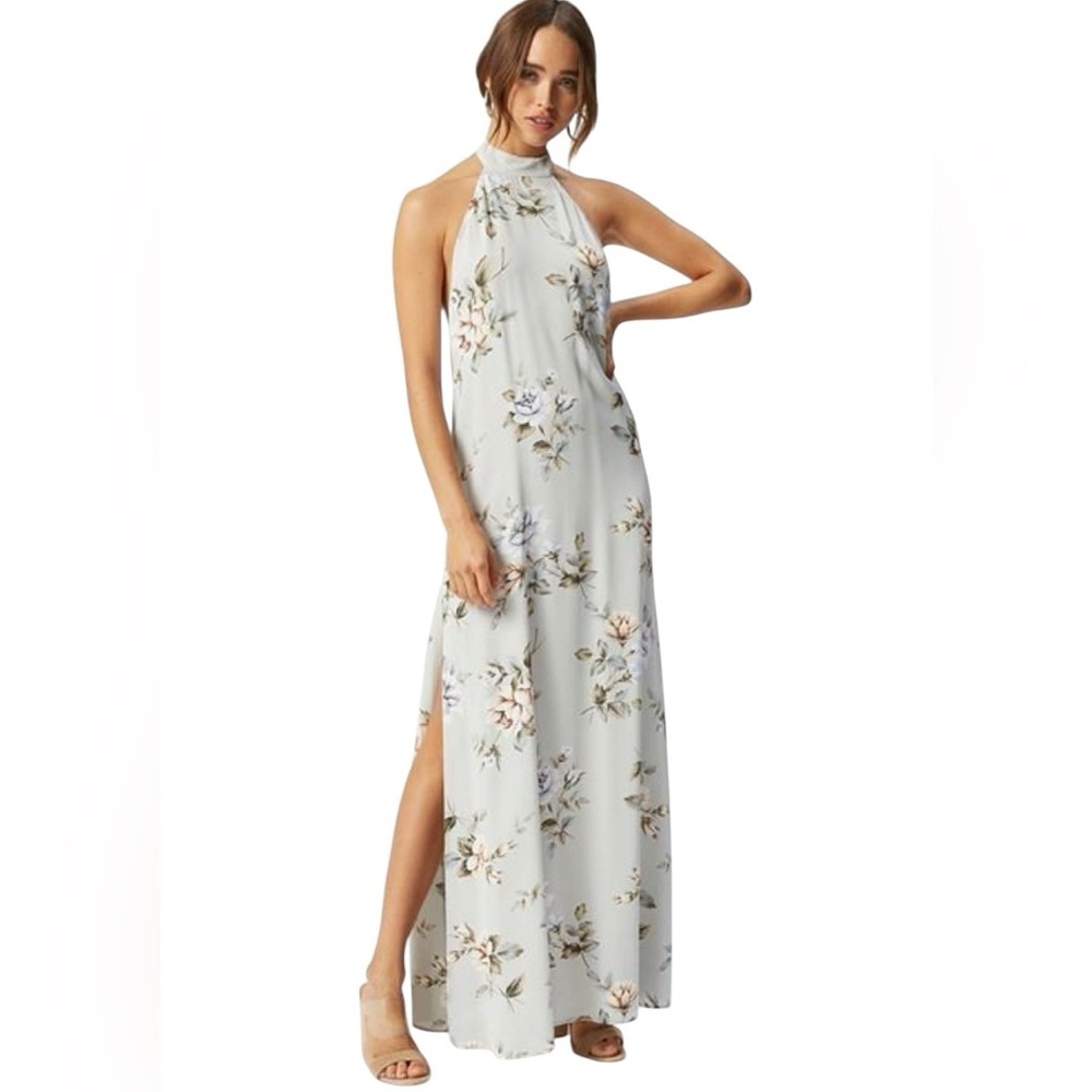 Revolve Flynn Skye light blue brown florals halter maxi dress graduation dress